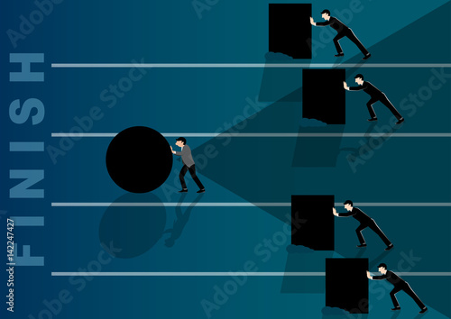 Simple business concept illustration of a group businessman pushing rocks but one with round rocks as a symbolism the one with innovation win