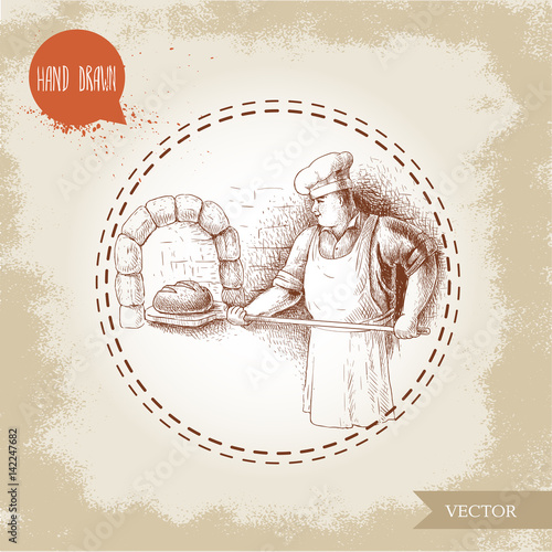 Hand drawn illustration of baker making fresh bread in stone oven. Sketch style vector vintage illustration. Man in uniform preparing daily bread goods.
