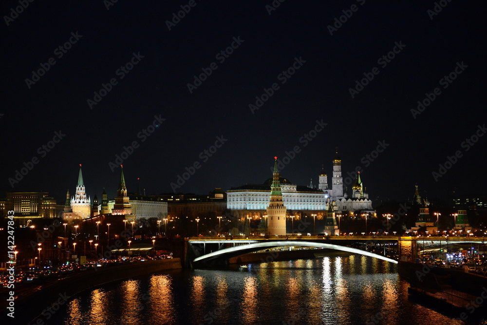 kremlin, moscow, night, river, bridge