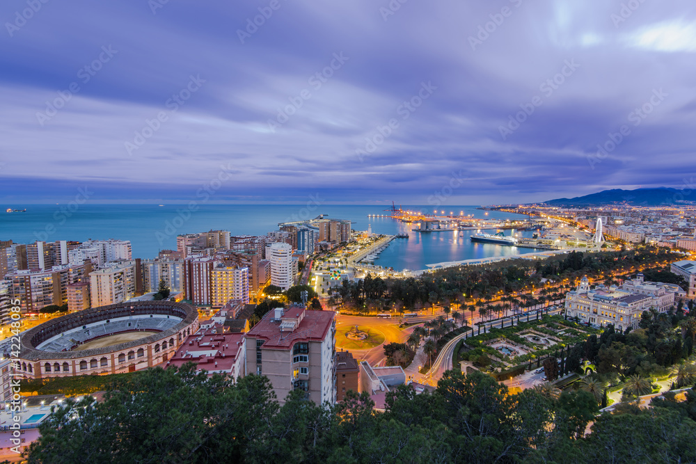 Illuminated skyline of Malaga in Spain