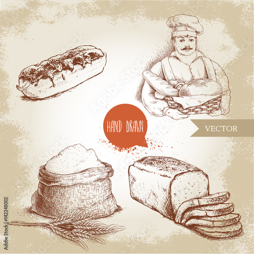 Hand drawn set bakery illustrations. Baker with baker basket of fresh bread, sliced bread loaf, sweet french cake eclair and sack with whole flour with wheat bunch.