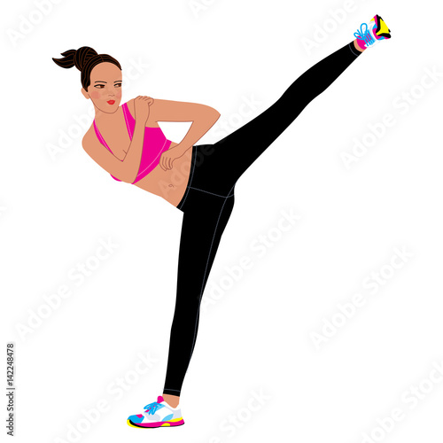 Young beautiful asian woman wearing fitness outfit doing karate workout. 