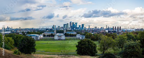 Panorama of London, viewed from Greenwich observatory. Canary wharf in the middle, O2 on the right 