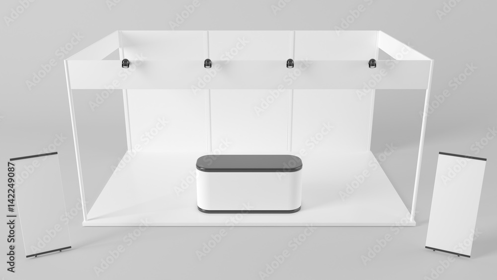 White creative exhibition stand design. Booth template. Corporate identity 3d rendering White creative exhibition stand design. Booth template. Corporate identity 3d rendering