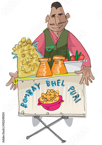 An indian street food vendor offers traditional indian dishI - cartoon photo