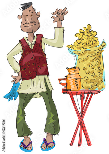 An indian street food vendor offers traditional indian dishI - cartoon