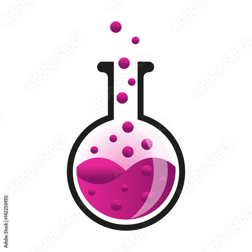 A chemical glass flask with pink liquid and bubbles. Vector illustration