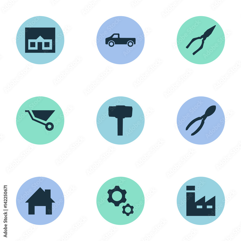 Vector Illustration Set Of Simple Repair Icons. Elements Pliers, Carpentry Equipment, House And