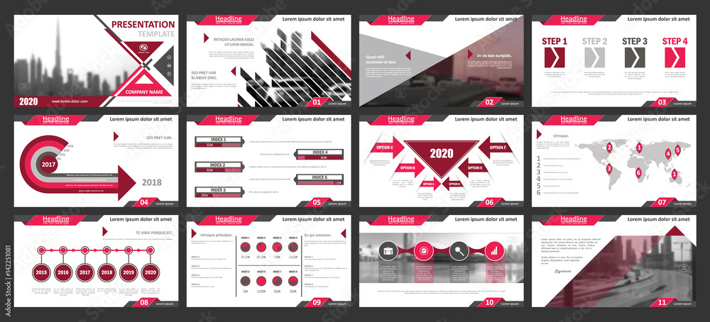 Creative set of abstract infographic elements. Modern presentation template with title sheet. Brochure design in pink, dark red blue, white and gray colors. Vector illustration. City street image. Creative set of abstract infographic elements. Modern presentation template with title sheet. Brochure design in pink, dark red blue, white and gray colors. Vector illustration. City street image.