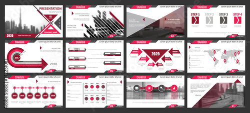Creative set of abstract infographic elements. Modern presentation template with title sheet. Brochure design in pink, dark red blue, white and gray colors. Vector illustration. City street image.