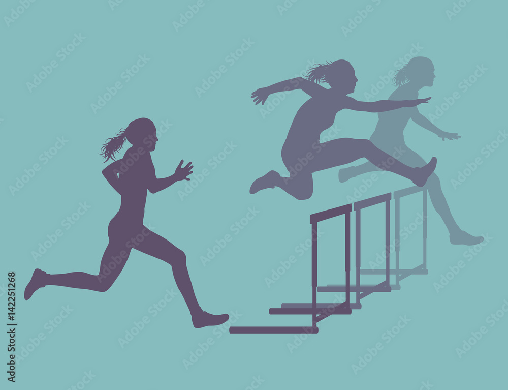 Hurdle race woman jumping over obstacle vector
