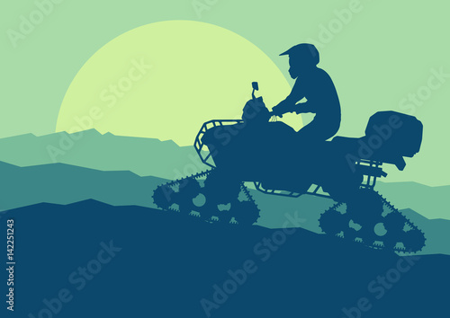 All terrain vehicle with chains driving in snow and mud landscape outdoor activity vector