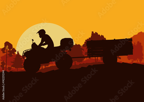 All terrain vehicle driver towing trailer with logs landscape outdoor activity vector