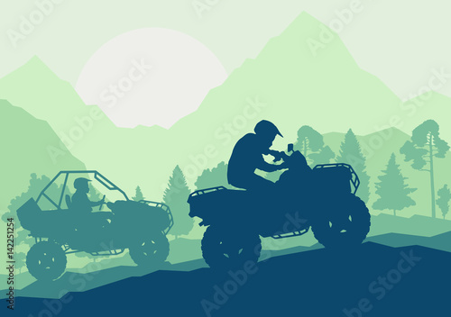 All terrain vehicle driver landscape with trees outdoor activity vector
