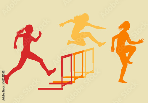 Hurdle race woman jumping over obstacle vector