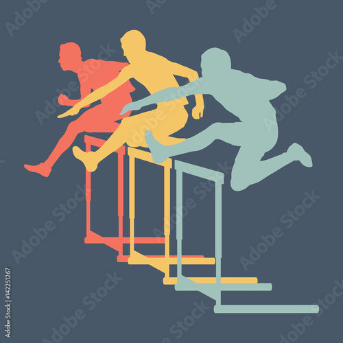 Hurdle race man jumping over obstacle retro color vector