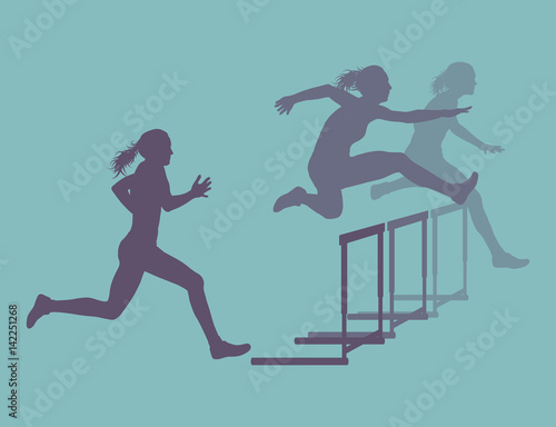 Hurdle race woman jumping over obstacle vector