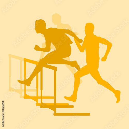 Hurdle race man jumping over obstacle retro color vector