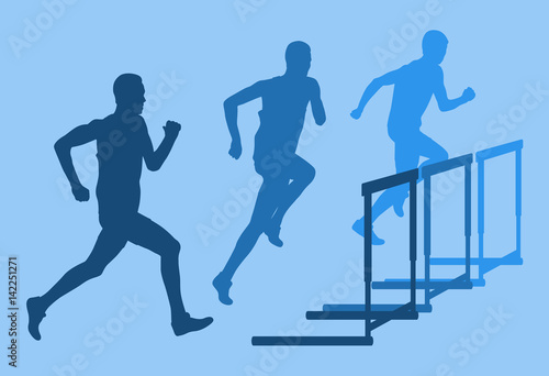 Hurdle race man jumping over obstacle retro color vector