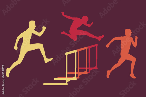 Hurdle race man jumping over obstacle retro color vector