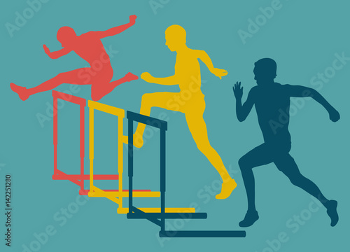 Hurdle race man jumping over obstacle retro color vector