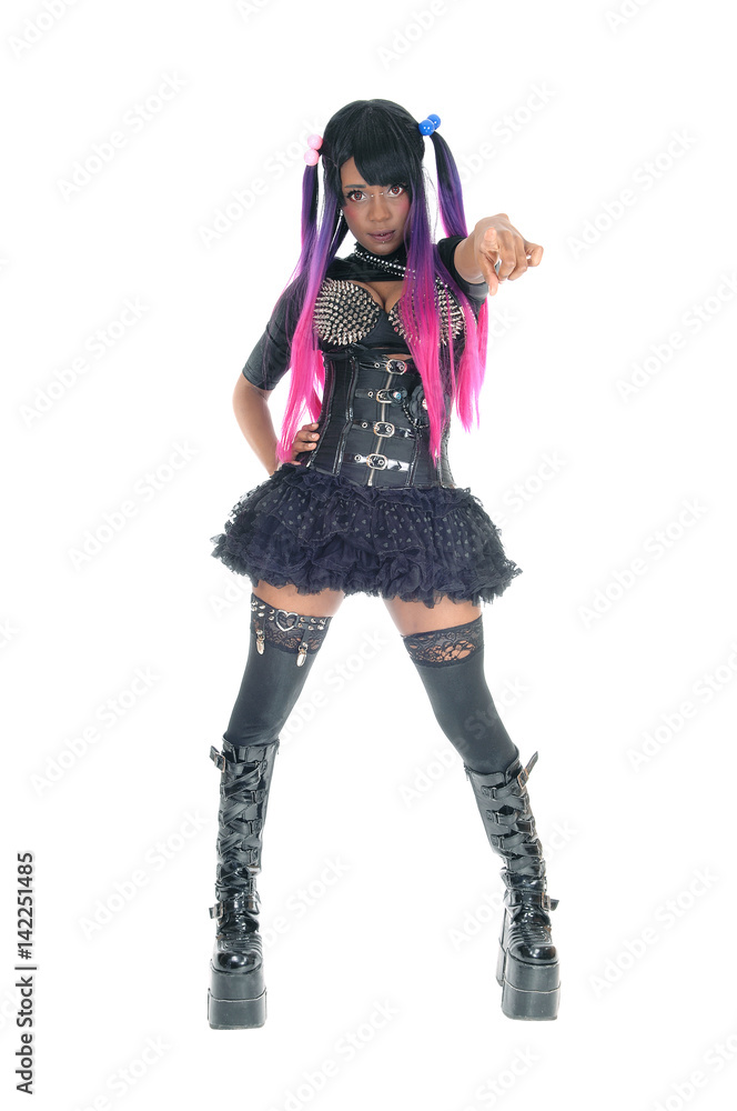 Steam punk woman pointing finger. Steam punk woman pointing finger.