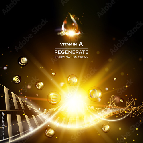 Regenerate face cream and Vitamin complex concept. Shining golden essence droplet. Vitamin E drop in form of sphere. Beauty skin care design over dark golden backdrop. Vector illustration.