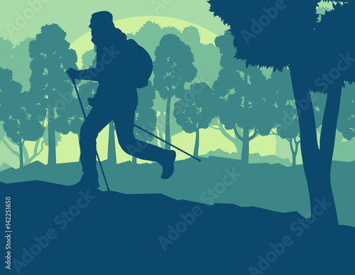 Nordic walking man landscape with forest trees vector
