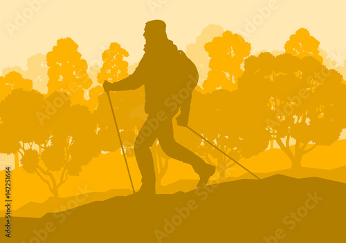 Nordic walking man landscape with forest trees vector