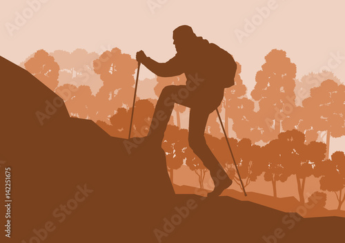 Nordic walking man landscape with forest trees vector