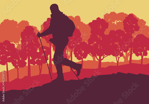 Nordic walking man landscape with forest trees vector