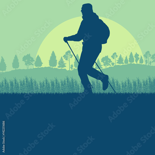 Nordic walking man landscape with forest trees vector