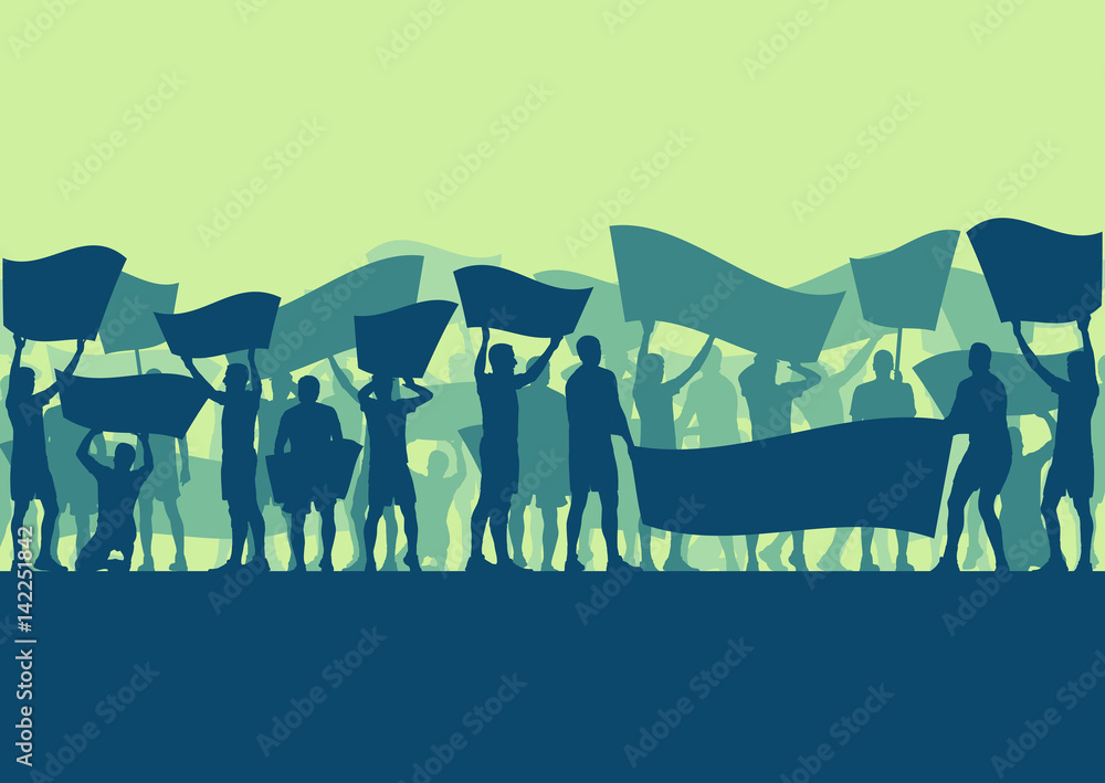 Fototapeta premium Protest people crowd and broken car silhouette vector background landscape demonstrate