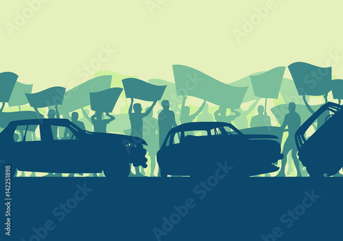 Protest people crowd and broken car silhouette vector background landscape demonstrate