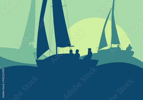 Yachts sailing regatta ocean landscape with sunset