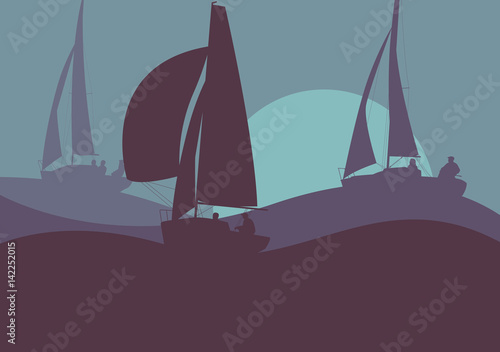 Yachts sailing regatta ocean landscape with sunset