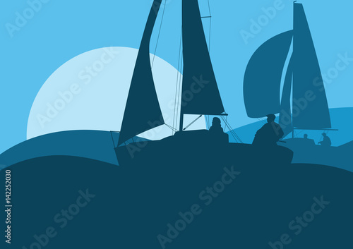 Yachts sailing regatta ocean landscape with sunset