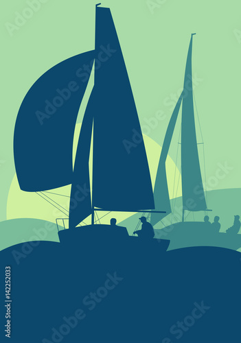 Yachts sailing regatta ocean landscape with sunset