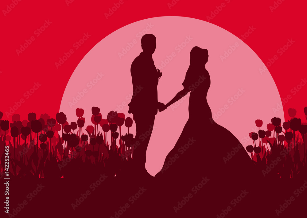 Wedding couple romantic landscape with bride and groom in tulip field sunset vector Wedding couple romantic landscape with bride and groom in tulip field sunset vector