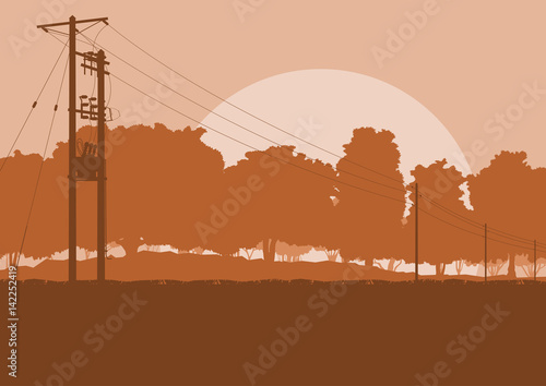 Energy distribution high voltage power line tower sunset landscape with wires and trees vector