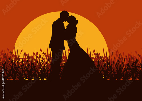 Wedding couple romantic landscape with bride and groom in tulip field sunset vector