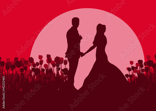 Wedding couple romantic landscape with bride and groom in tulip field sunset vector
