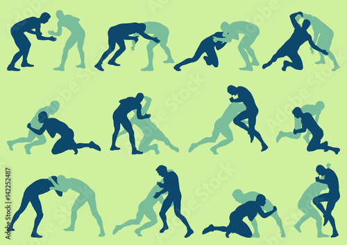 Wrestling active men fight action greek roman sport silhouette vector