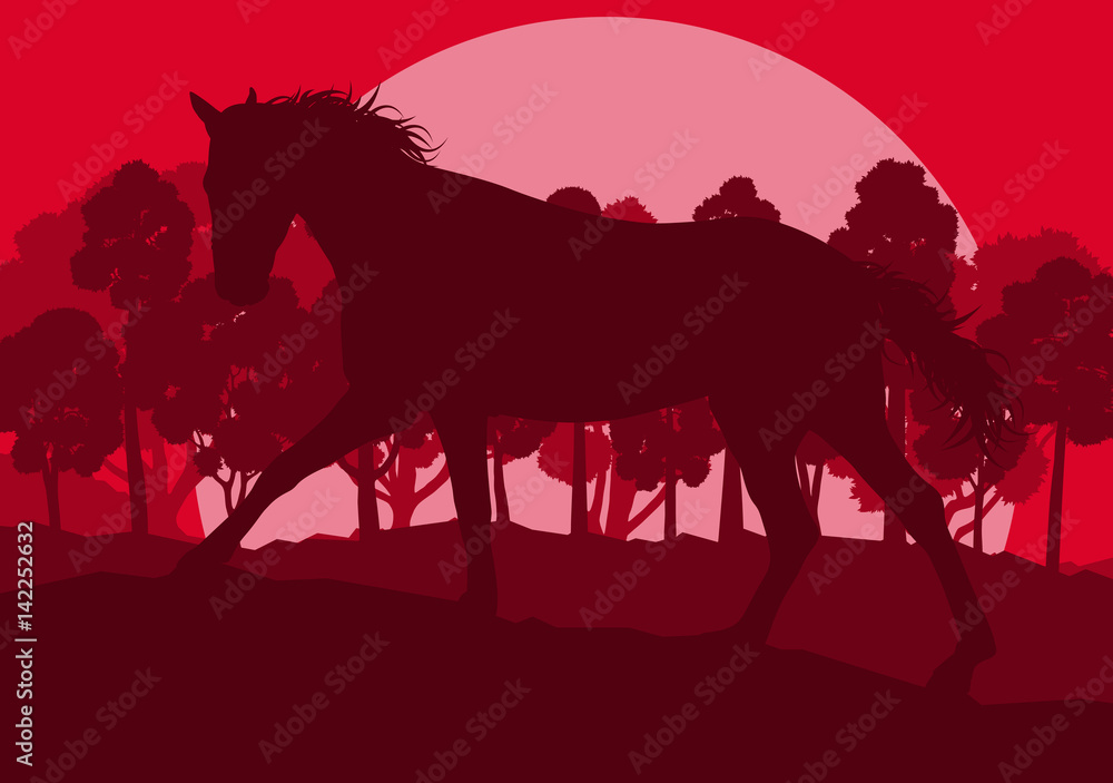 Horse wild forest trees landscape with sunset vector background Horse wild forest trees landscape with sunset vector background