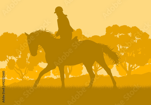 Horse rider and forest trees landscape with sunset vector background