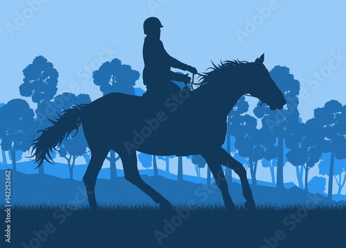Horse rider and forest trees landscape with sunset vector background