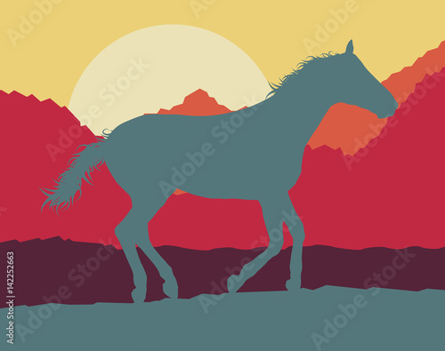 Horse wild mountain landscape with sunset vector