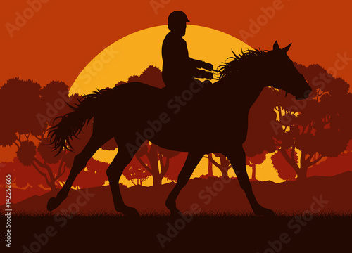 Horse rider and forest trees landscape with sunset vector background