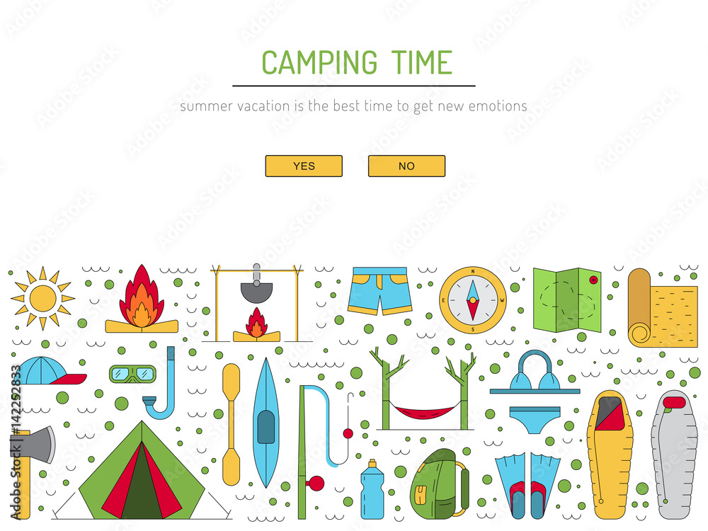 Vector linear icons on the topic of camping and Hiking in the wild, forest, lake, mountains, painted in a linear style.