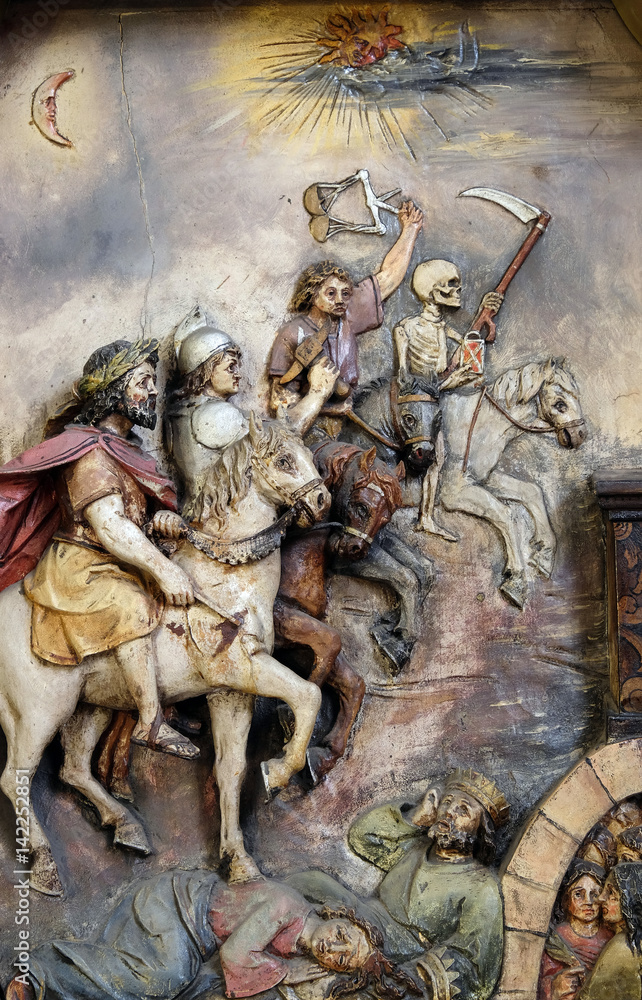 The four horsemen of the apocalypse, Saint George altar in the Basilica of the Sacred Heart of Jesus in Zagreb, Croatia